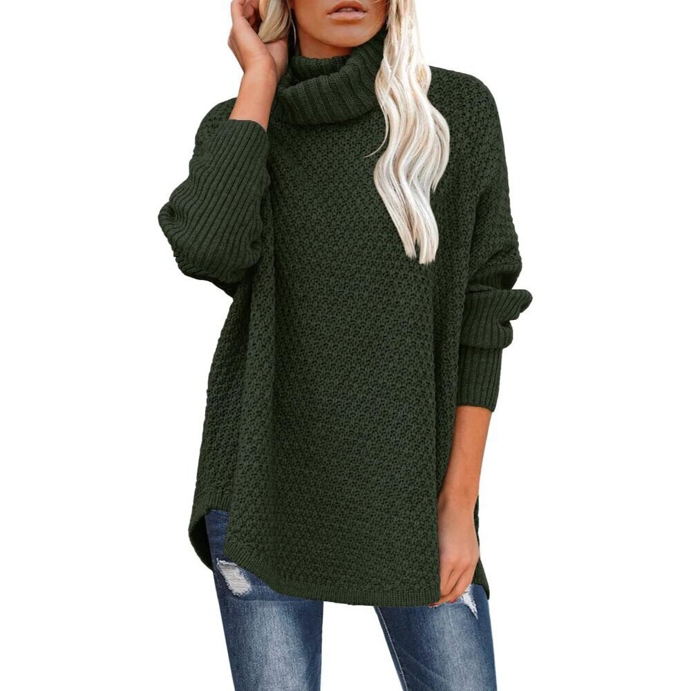 Women's Oversized Knit Turtleneck Sweater Army Green Large Casual Pullover
